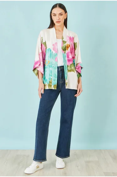 Yumi Ivory Floral Print Relaxed Kimono