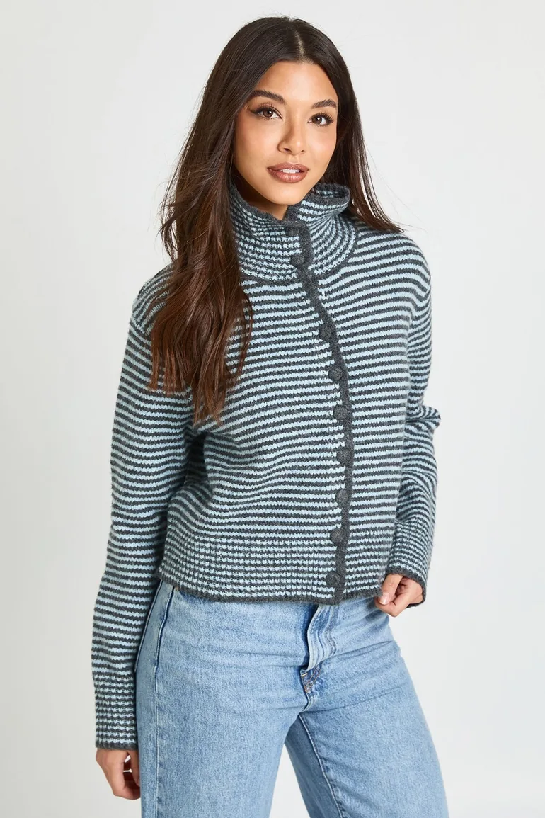 High Neck Button Through Stripe Cardigan - blue - 1