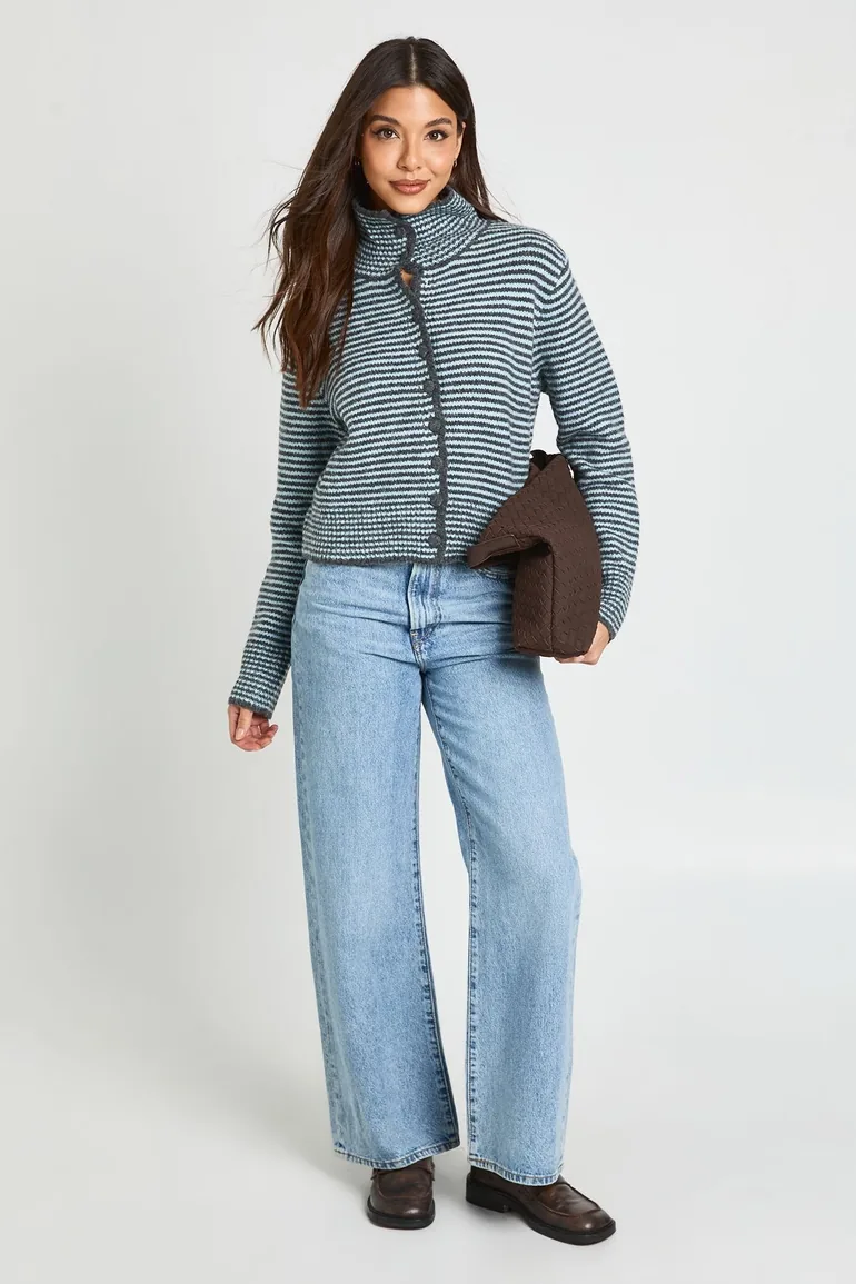 High Neck Button Through Stripe Cardigan - blue
