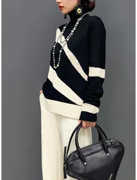 Long Sleeves Loose Contrast Color High Neck Sweater Tops - 1