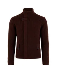 Brown Soft Textured Stand Collar Buttoned Coatigan Knitwear Cardigan - 4
