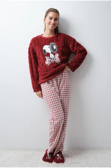 Snoopy plaid fleece long pyjamas