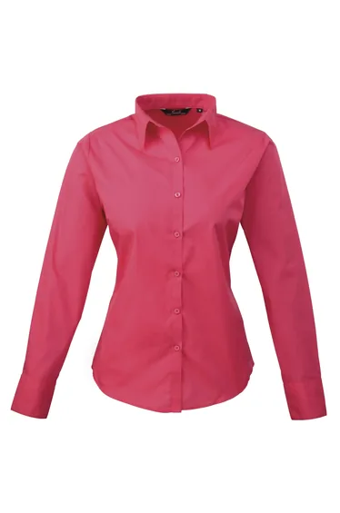 Premier Womens/Ladies Poplin Long Sleeve Blouse / Plain Work Shirt - Hot Pink