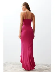 Fuchsia Fitted Frilly Long Evening Evening Dress - 4