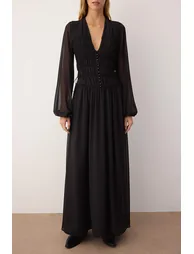 Black Gathered Detailed V-Neck Maxi Lined Chiffon Woven Dress - 2