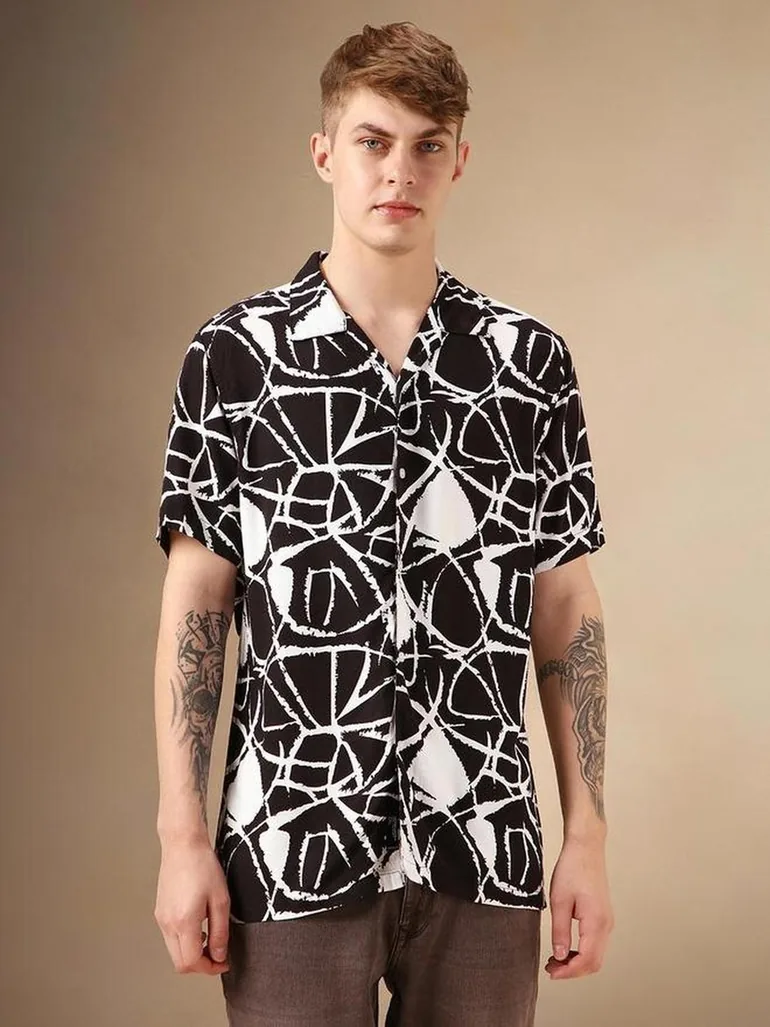 Abstract Print Cuban Collar Shirt - 1