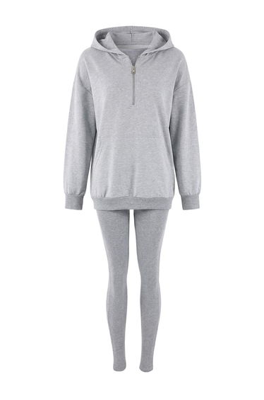 Gray Melange 3-Piece Oversized /Wide Fit Hooded Tights Knitted Bottom - Top Set product thumbnail 2