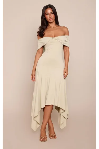 Petite Sage Twist Front Bardot Dropped Ruched Waist Slinky Maxi Dress