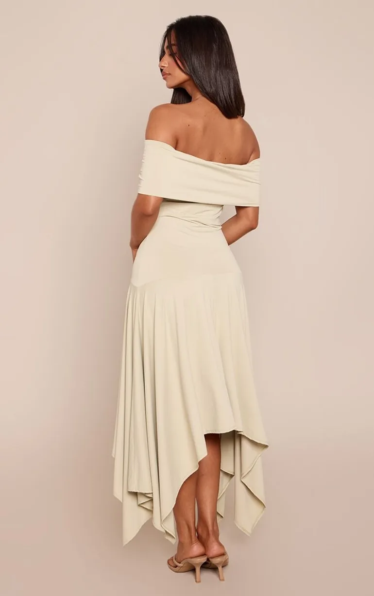 Petite Sage Twist Front Bardot Dropped Ruched Waist Slinky Maxi Dress - 1