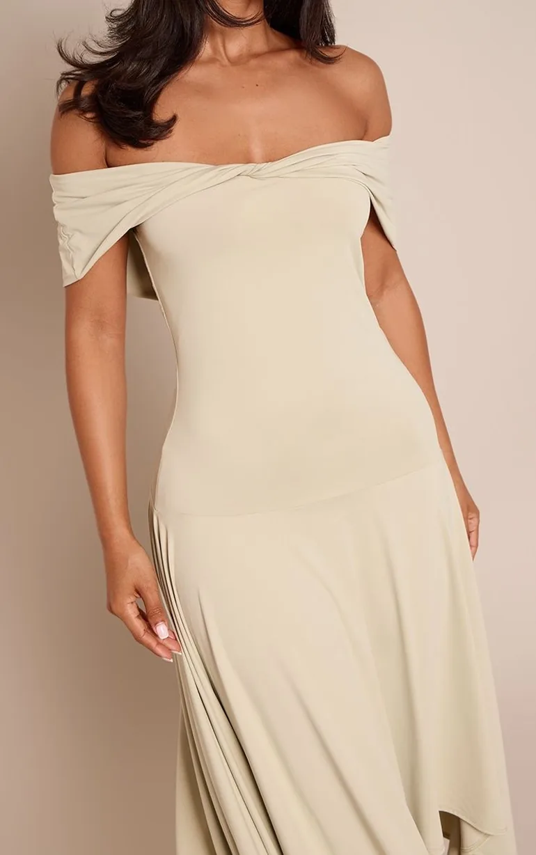 Petite Sage Twist Front Bardot Dropped Ruched Waist Slinky Maxi Dress - 3