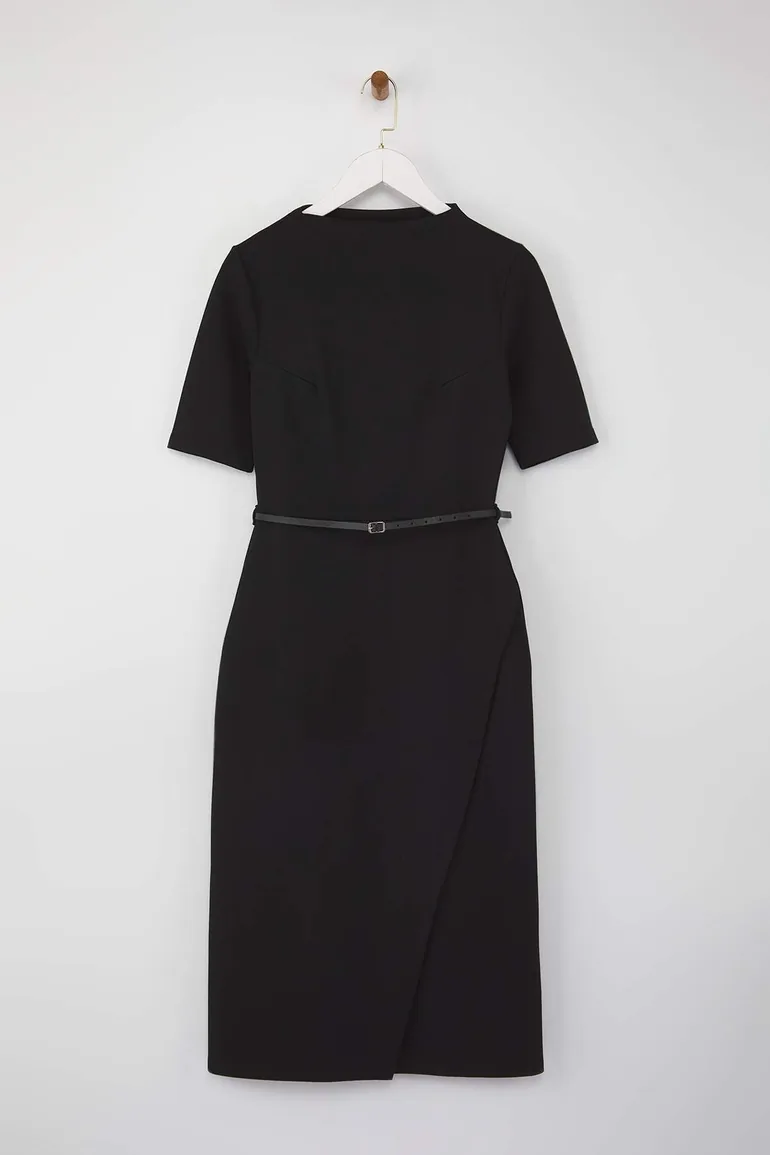 Black Midi Belted Three Quarter Sleeve Knit Dress - 1