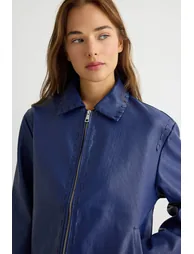 Navy Blue Regular Fit Faux Leather Jacket with Stitching Detail - 6
