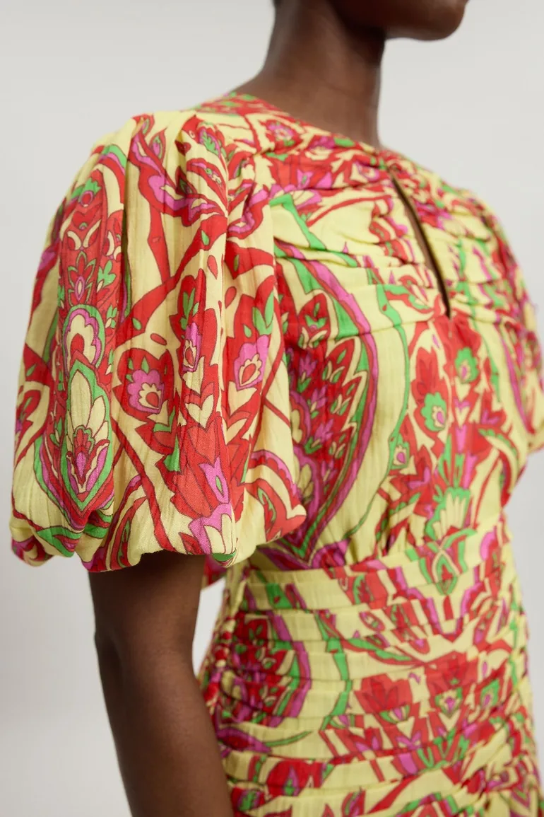 Double Cloth Abstract Print Balloon Sleeve Midi Dress - 1