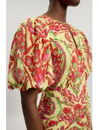 Double Cloth Abstract Print Balloon Sleeve Midi Dress - 1