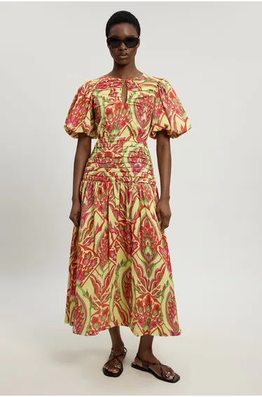 Double Cloth Abstract Print Balloon Sleeve Midi Dress