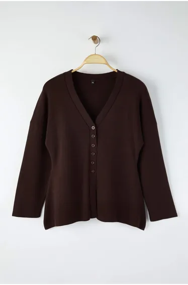 Brown V-Neck Mercerized Look Premium Yarn/Special Yarn Knitwear Cardigan