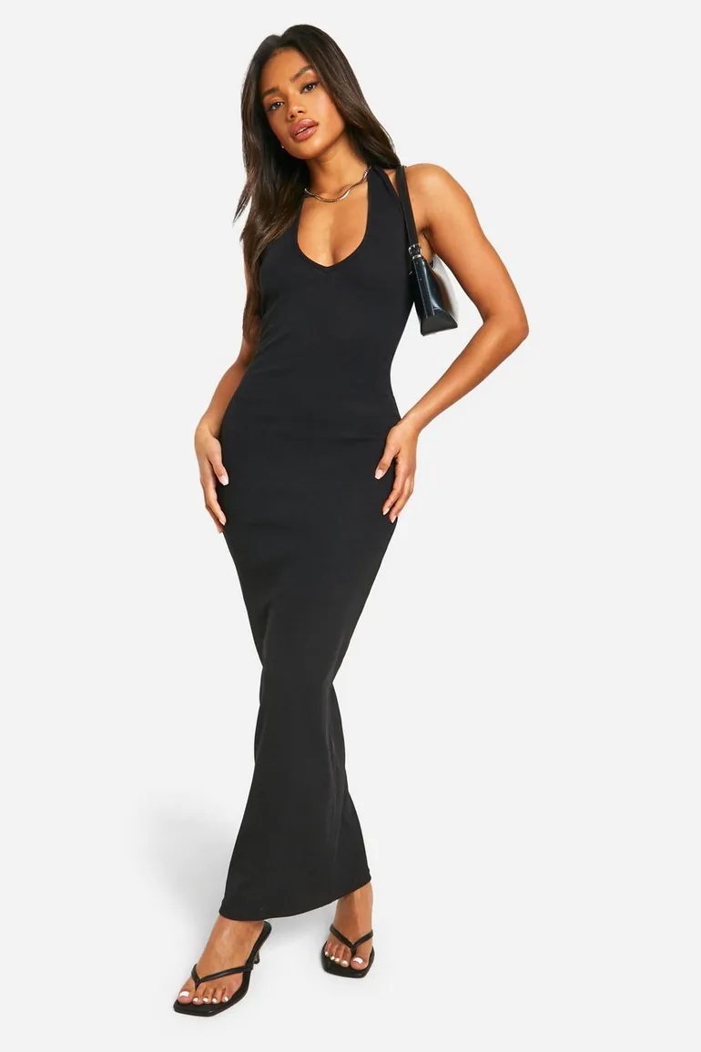 Basic Rib  Plunge Hlater Maxi Dress - black - 2