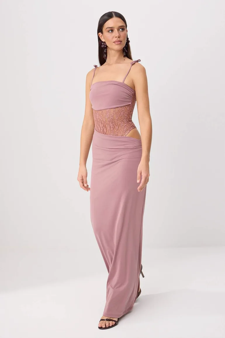 Gül Kurusu Plain Weave Tulle Maxi Evening Dress & Graduation Dress