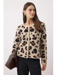 Mink Beard/Soft Yarn Leopard Patterned Knit Cardigan