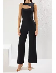Black Chain Accessory Detail Woven Overalls - 2