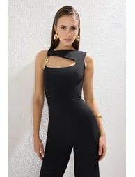 Black Chain Accessory Detail Woven Overalls - 1