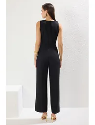 Black Chain Accessory Detail Woven Overalls - 4