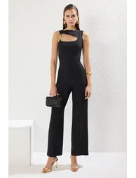Black Chain Accessory Detail Woven Overalls