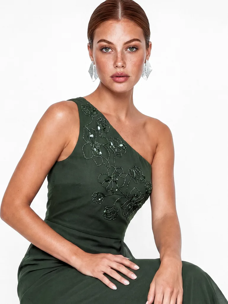 Maya Forest Green Embellished One Shoulder Ruffle Midaxi Dress - 3