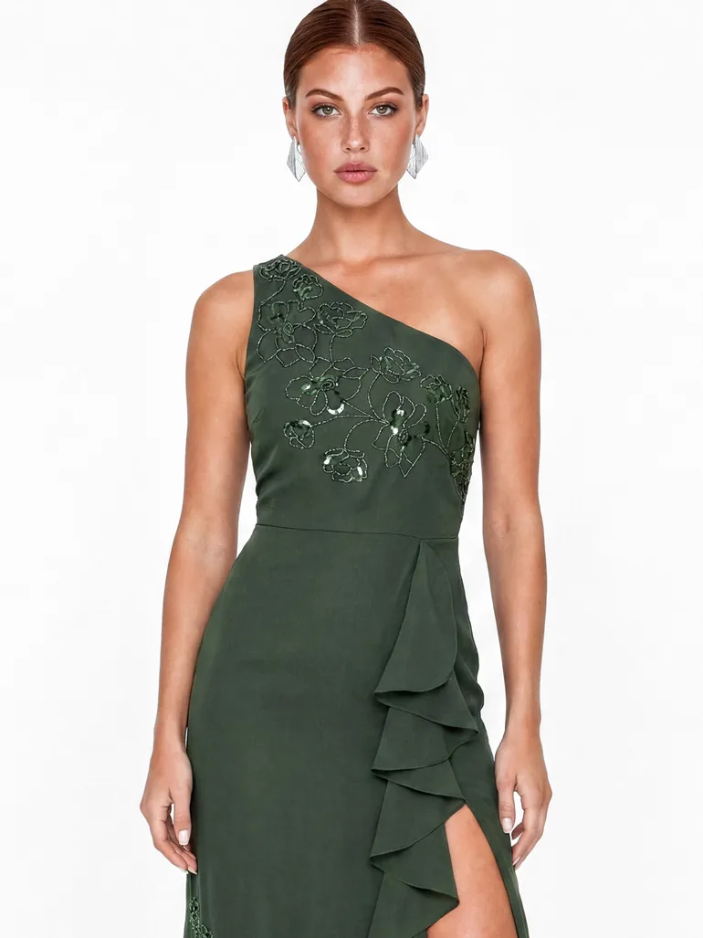 Maya Forest Green Embellished One Shoulder Ruffle Midaxi Dress - 2