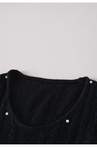 Pearl Trim Scoop Neck Fitted Cable Knit Dress in Black product thumbnail 4