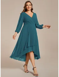 Plus Size Knee-Length Homecoming Cocktail Dresses With Long Sleeves - 3