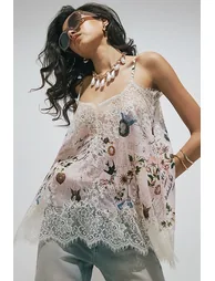 Cream Script Print Lace Cami Top - 2