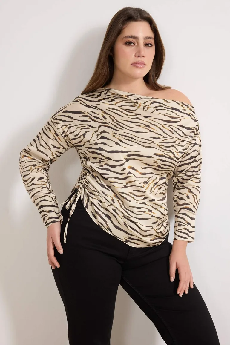 Beige Woven Leopard Print Long Sleeve Plus Size Blouse - 1