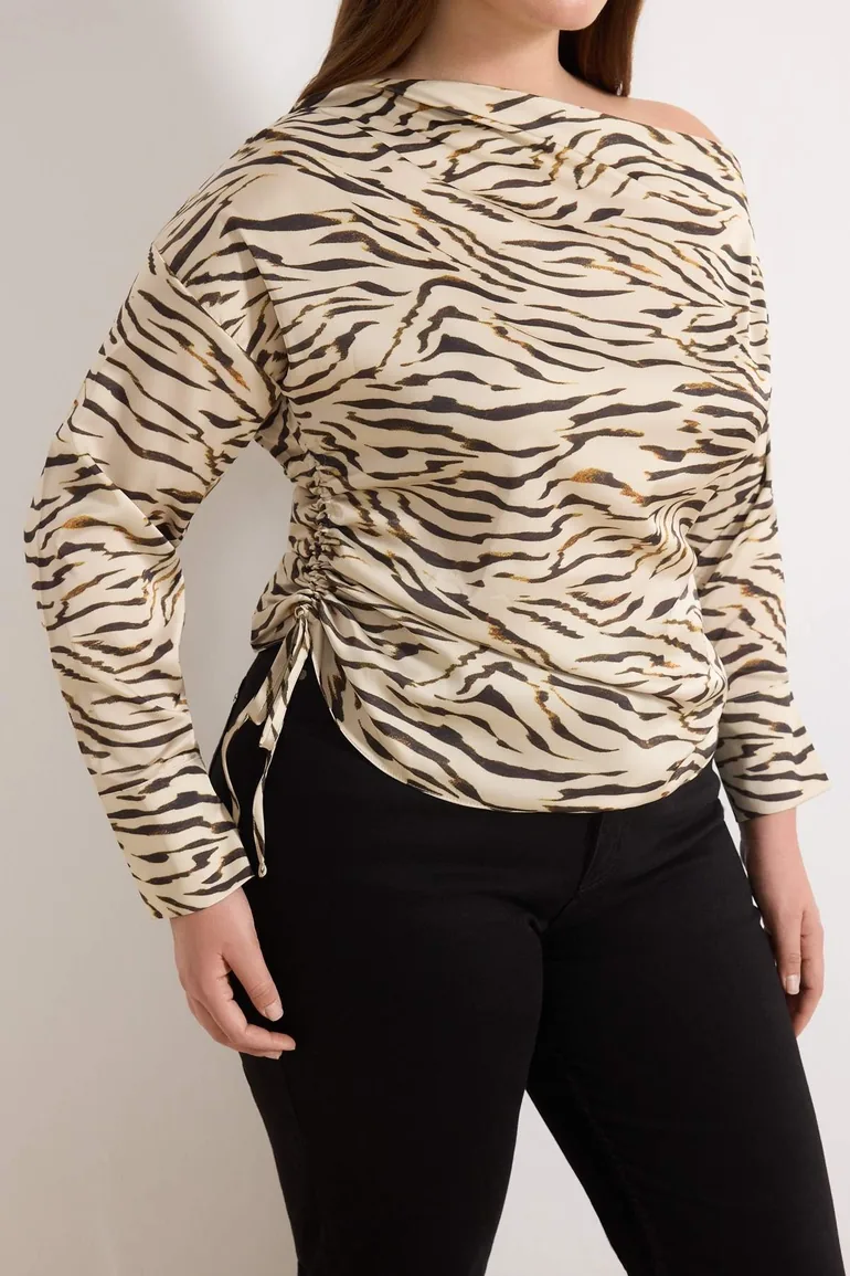 Beige Woven Leopard Print Long Sleeve Plus Size Blouse - 2