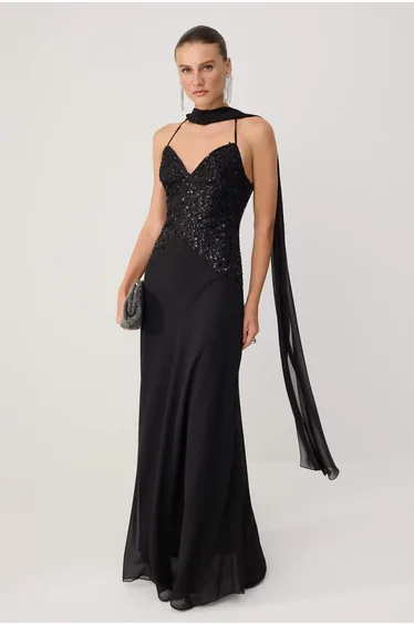 Black Shawl Detail Sweetheart Neckline A-Line/A-Line Bell Form Maxi Woven Chiffon