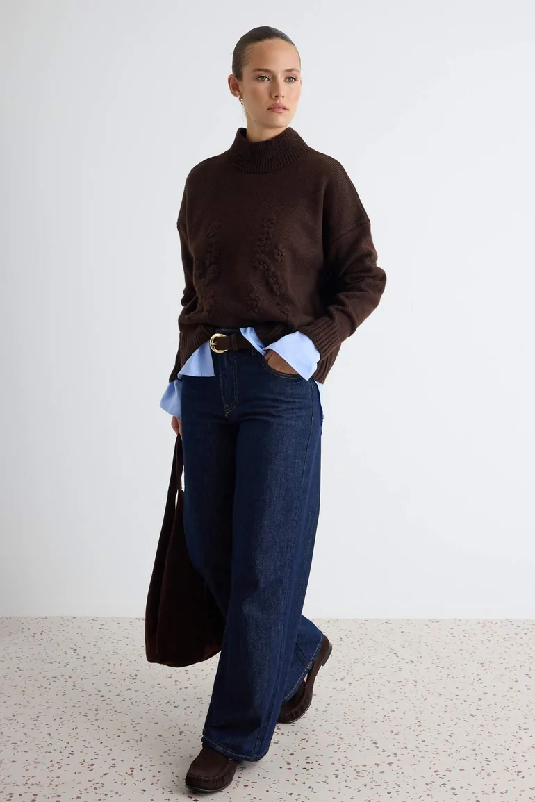 Brown Floral Embroidered Soft Textured Knitwear Sweater