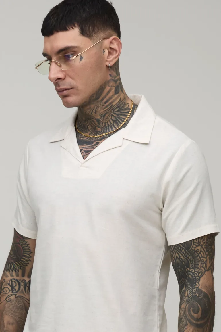 Tall Linen Blend Slim Revere Polo - natural - 2