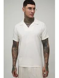 Tall Linen Blend Slim Revere Polo - natural
