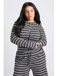 Plus Stripe Button Down Long Sleeve Top - black - 1