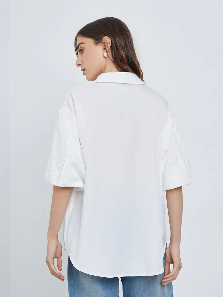 Women White Solid Schiffli Short Sleeve Oversized Shirt - 3