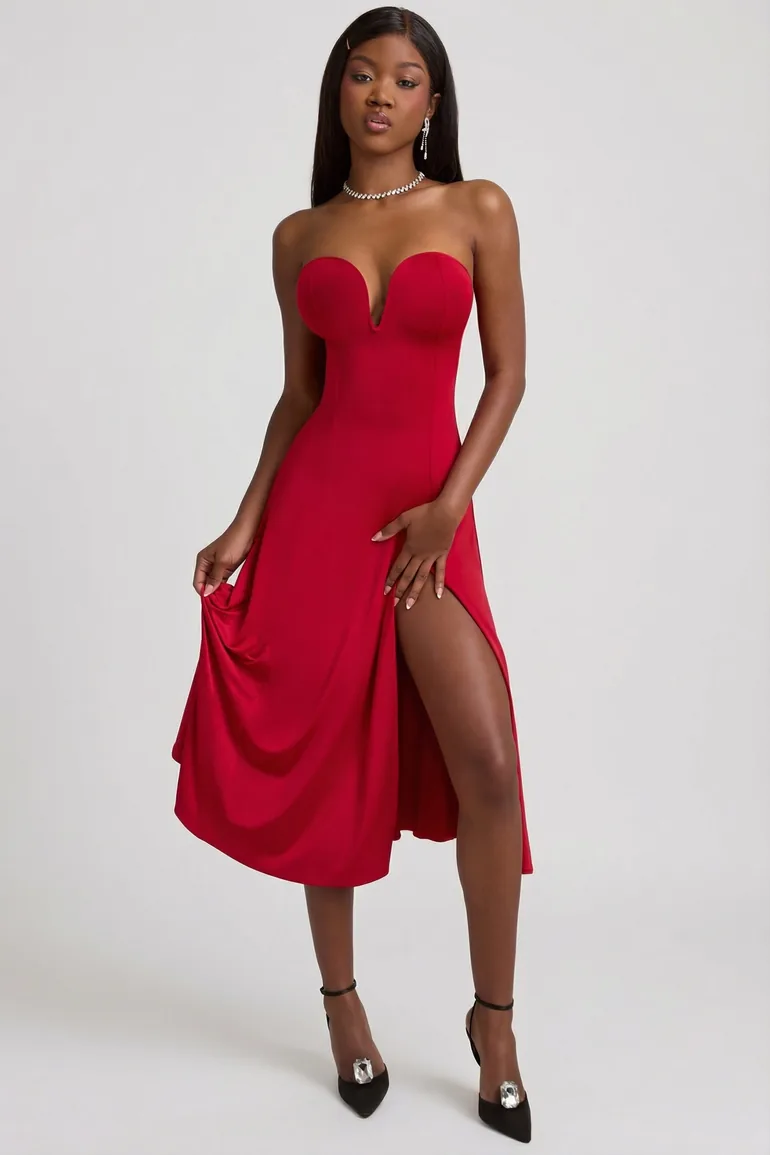 Slinky Jersey Strapless A-Line Midaxi Dress in True Red - 5