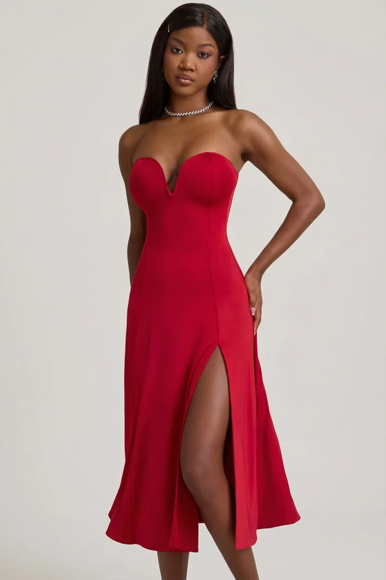 Slinky Jersey Strapless A-Line Midaxi Dress in True Red - 1