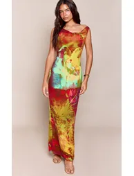 Multi Floral Abstract Printed Chiffon Bead Detail Open Back Maxi Dress