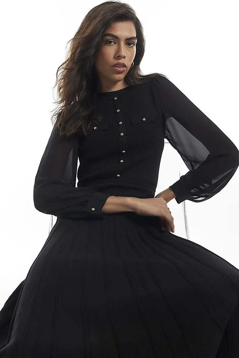 Black Chiffon Pointelle Knit Maxi Dress - 3