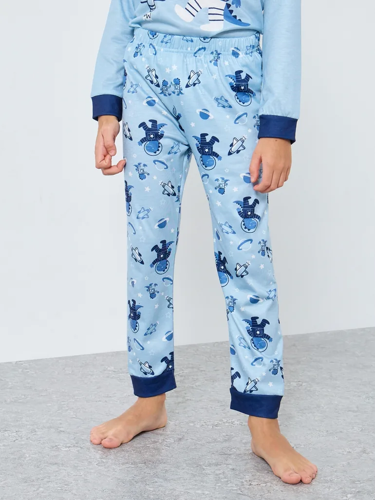 Blue Space Printed Long Sleeve T-Shirt and Pyjama Set - 5
