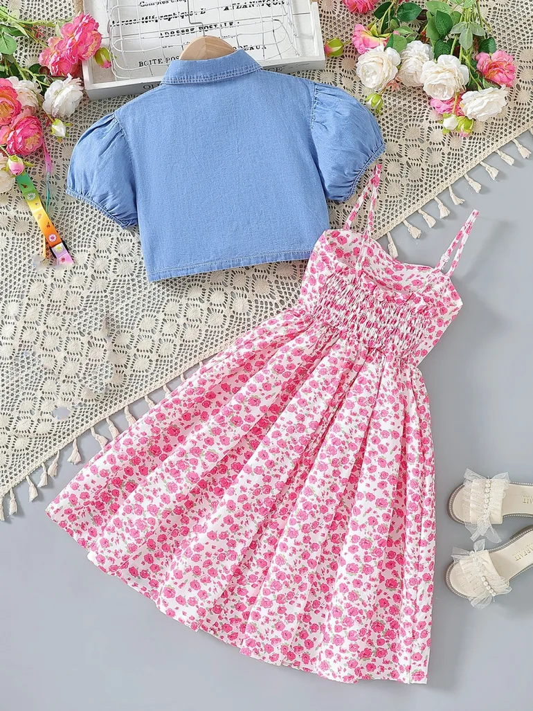 Girls Floral Strappy Dress and Denim Jacket Set - 1