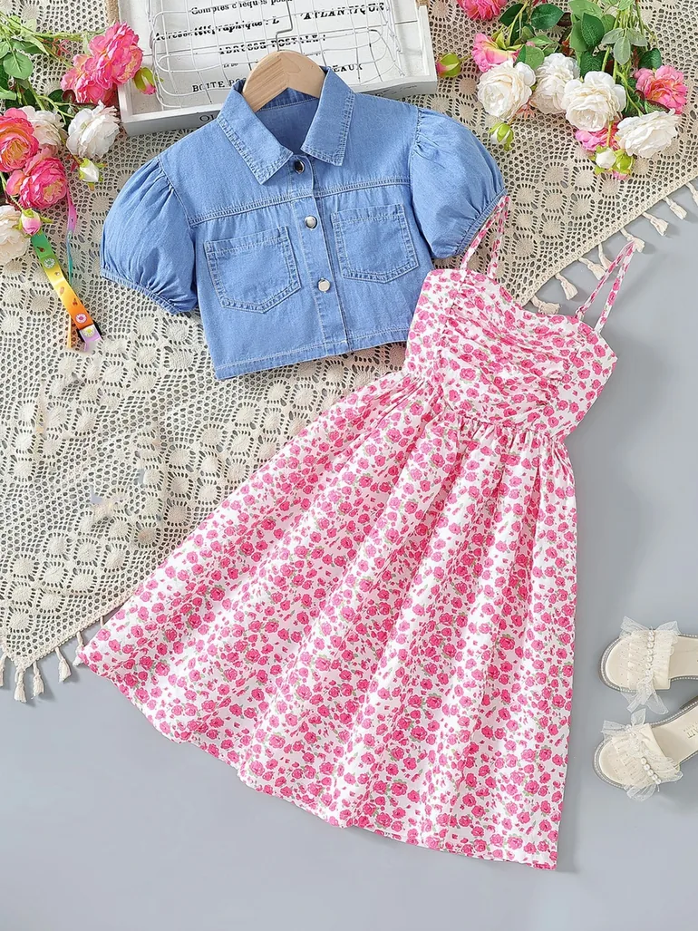 Girls Floral Strappy Dress and Denim Jacket Set
