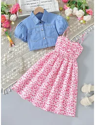 Girls Floral Strappy Dress and Denim Jacket Set