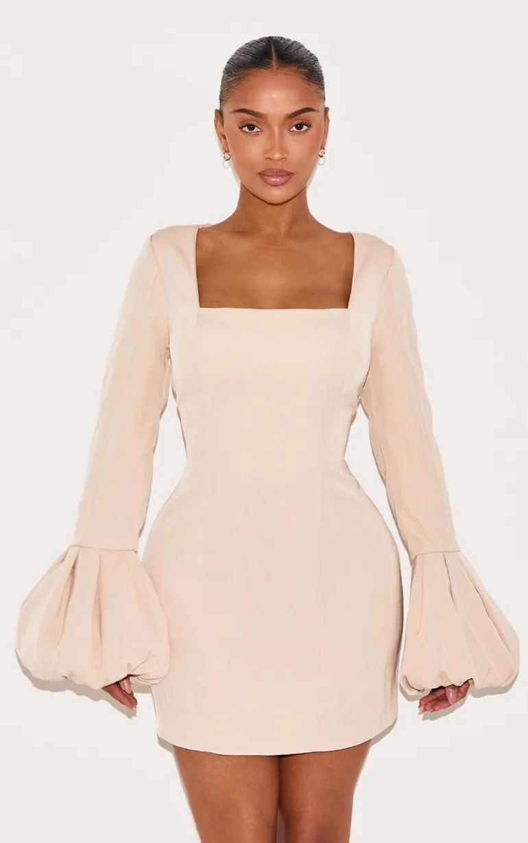 Shape Pebble Woven Square Neck Puffball Sleeve Mini Dress - 1