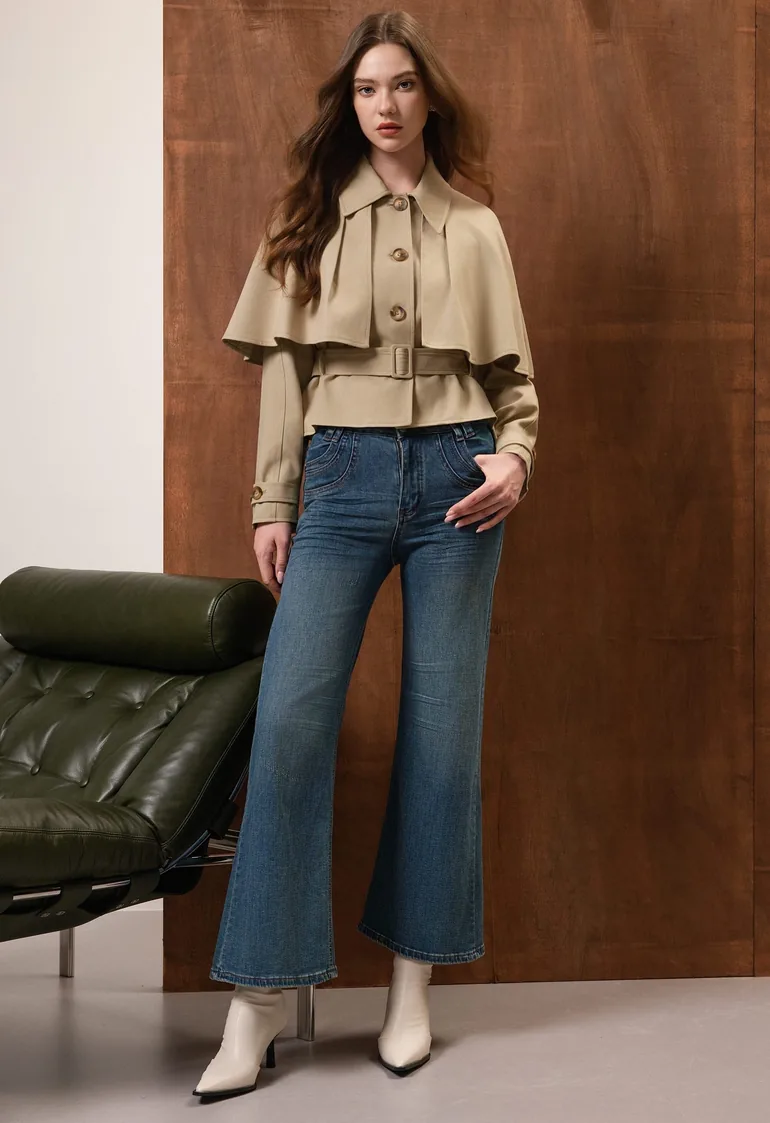 Collared Capelet Belted Cotton Trench Jacket in Sand for Daily Commute & City Strolls